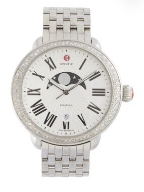 Michele Silver-Tone Diamond Moonphase Bracelet Watch with White Dial